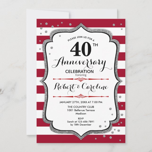 40th Anniversary - Ruby Red White Silver Invitation (Front)
