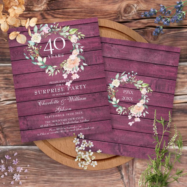 40th Anniversary Ruby Rustic Wood Floral Invite (Creator Uploaded)