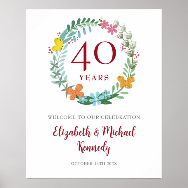 40th Anniversary Ruby Welcome Floral Wreath Sign (Front)