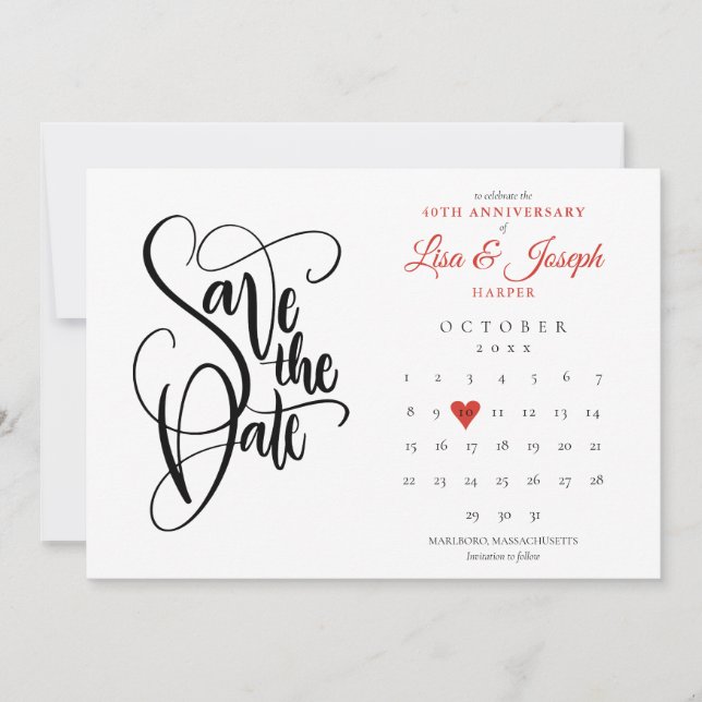 40th Anniversary Save the Date Calendar Ruby Heart Invitation (Front)