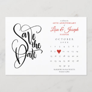40th Anniversary Save the Date Calendar Ruby Heart Invitation