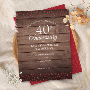 40th Anniversary Save the Date Ruby Hearts Rustic Postcard