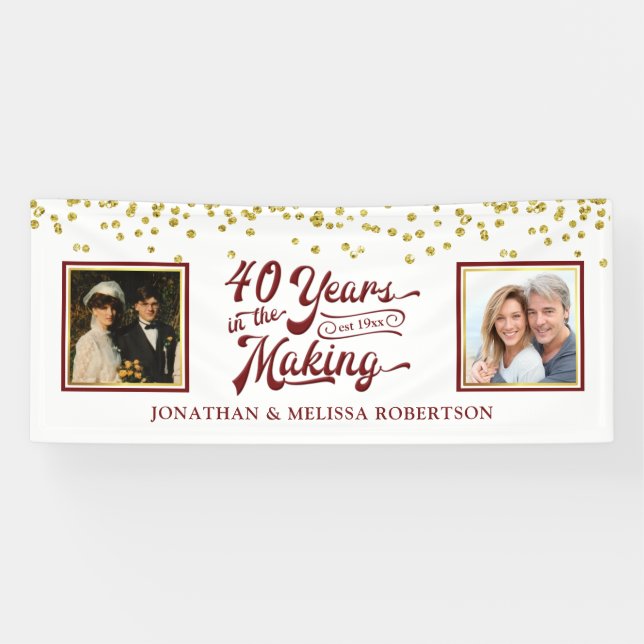 40th Anniversary Then & Now Photos Gold Confetti Banner (Horizontal)