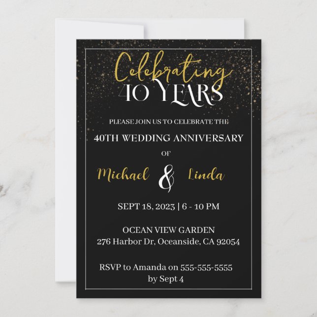 40th Anniversary Wedding Black Gold Golden Invitat Invitation (Front)