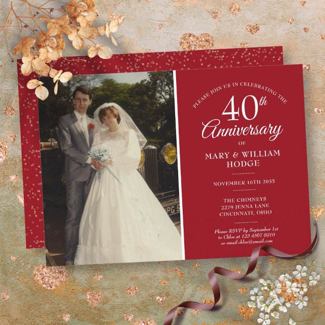 40th Anniversary Wedding Photo Ruby Confetti Invitation (40th Anniversary Wedding Photo Ruby Confetti Invitation)