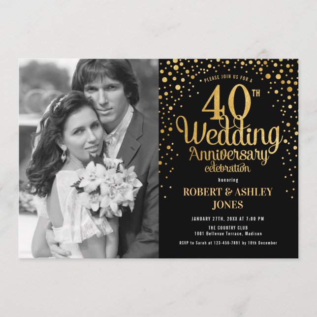 40th Anniversary with Photo - Black Gold Invitation (Front)