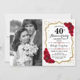 40th Anniversary with Photo - Ruby Red Gold Invitation