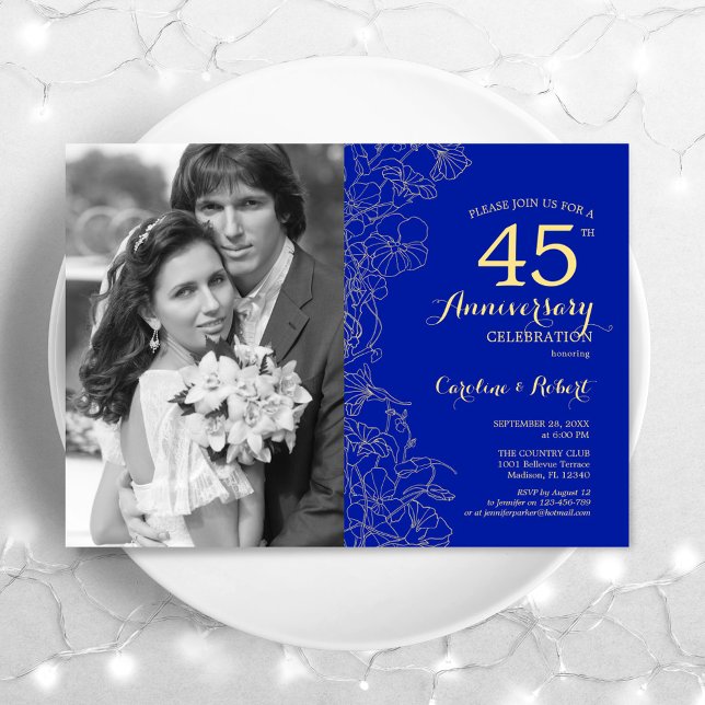 40th Anniversary With Photo Sapphire Gold Floral Invitation (Creator Uploaded)