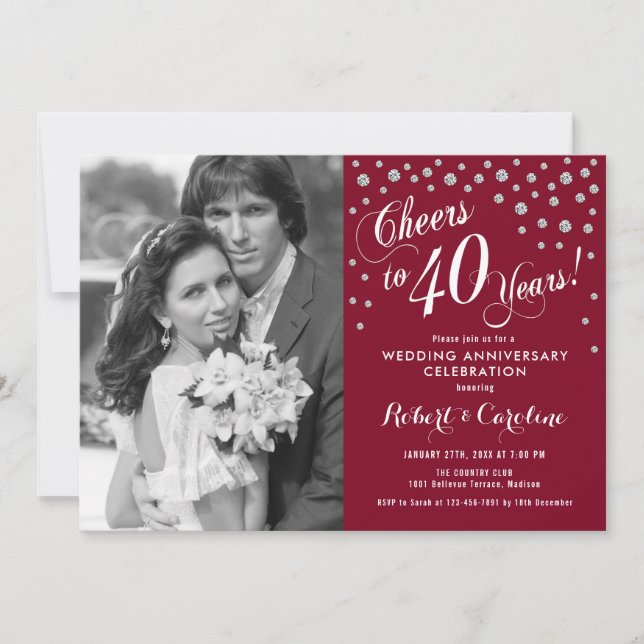 40th Anniversary with Photo - Silver Ruby Red Invitation (Front)