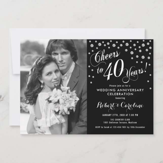 40th Anniversary with Photo - Silver White Black Invitation (Front)
