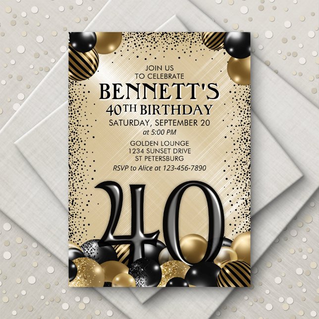 40th Balloons Black Gold Birthday Invitation (Creator Uploaded)