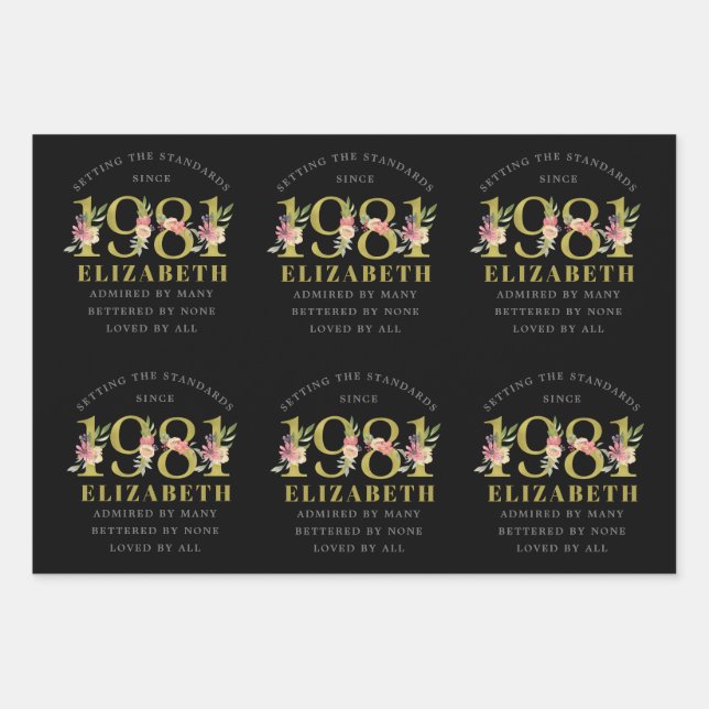 40th Birthday 1981 Black Gold Floral Personalised Wrapping Paper Sheet (Front)