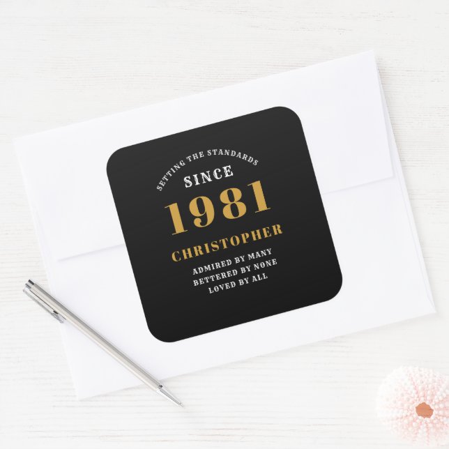 40th Birthday 1981 Black Gold For Him Personalised Square Sticker (Envelope)