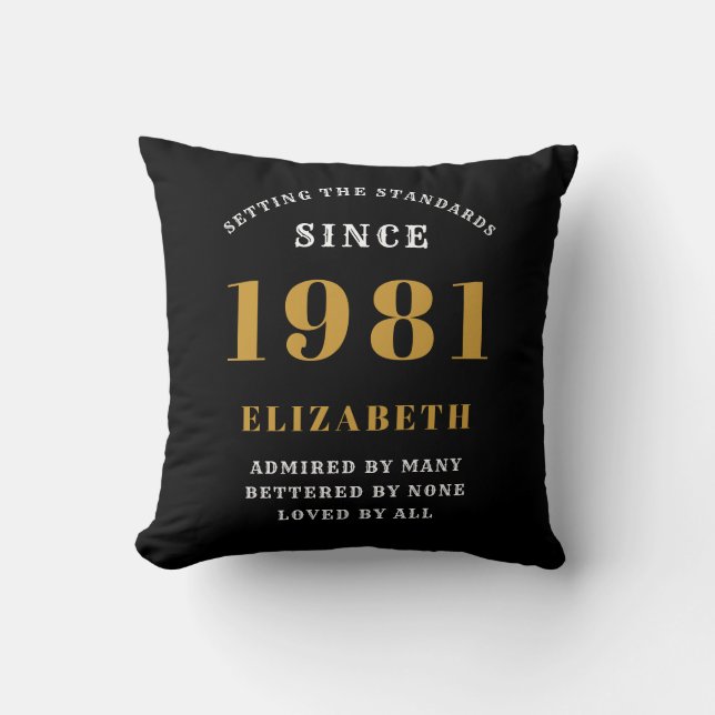 40th Birthday 1981 Black Gold lady's Personalised Cushion (Front)