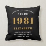 40th Birthday 1981 Black Gold lady's Personalised Cushion<br><div class="desc">A personalised classic throw pillow design for that birthday celebration for special woman born in 1981 and turning 40. Add the name to this vintage retro style black, white and gold design for a custom 40th birthday gift. Easily edit the name and year with the template provided. A wonderful custom...</div>