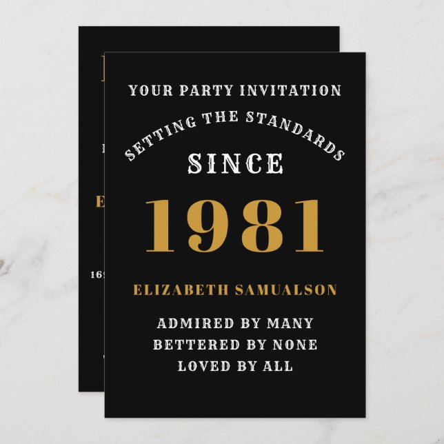 40th Birthday 1981 Black Gold Personalised For Her Invitation (Front/Back)