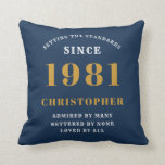 40th Birthday 1981 Blue Gold Men's Personalised Cushion<br><div class="desc">A personalised classic throw pillow design for that birthday celebration for special man born in 1981 and turning 40. Add the name to this vintage retro style blue, white and gold design for a custom 40th birthday gift. Easily edit the name and year with the template provided. A wonderful custom...</div>