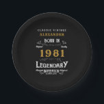 40th Birthday 1981 Legendary Personalised Retro Paper Plate<br><div class="desc">For those born in 1981 and celebrating their 40th birthday we have the ideal birthday paper plates. The black background with a white and gold vintage typography design design is simple and yet elegant with a retro feel. Easily customise the text of this birthday gift using the template provided. More...</div>