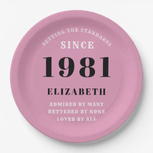 40th Birthday 1981 Pink Grey For Her Personalised Paper Plate