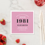 40th Birthday 1981 Pink Pink lady's Personalised Napkin<br><div class="desc">A personalised classic paper napkin design for that birthday celebration for a special woman born in 1981 and turning 40. Add the name to this vintage retro style pink and white design for a custom 40th birthday gift. Easily edit the name and year with the template provided. A wonderful custom...</div>
