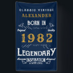 40th Birthday 1982 Add Name Blue Gold Legendary Banner<br><div class="desc">Personalised birthday banner. Add the name to this vintage style retro print birthday banner. Edit the name and year with the template provided. A wonderful custom blue birthday wall hanging with white and gold vintage style typography.  More gifts and party supplies available with the "Legendary" design in the store.</div>