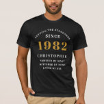 40th Birthday 1982 Black White Gold Elegant Name T-Shirt<br><div class="desc">A personalised design for that birthday celebration. Add the name to this vintage retro style design for a custom birthday gift. Easily edit the name and year with the template provided. A wonderful custom birthday gift. More gifts and party supplies for that party celebration available in the store.</div>