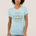 40th Birthday 1982 Blue Grey Chic Elegant T-Shirt<br><div class="desc">A personalised design for that birthday celebration. Add the name to this vintage retro style design for a custom birthday gift. Easily edit the name and year with the template provided. A wonderful custom birthday gift. More gifts and party supplies for that party celebration available in the store.</div>