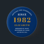 40th Birthday 1982 Elegant Gold Blue Chic 6 Cm Round Badge<br><div class="desc">A wonderful birthday gold design on button for that special celebration. Easily customise the text using the template provided. Part of the setting standards range of birthday supplies.</div>