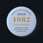 40th Birthday 1982 Elegant Gold Blue Grey 6 Cm Round Badge<br><div class="desc">A wonderful birthday gold design on button for that special celebration. Easily customise the text using the template provided. Part of the setting standards range of birthday supplies.</div>