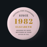 40th Birthday 1982 Elegant Gold Pink Grey 6 Cm Round Badge<br><div class="desc">A wonderful birthday gold design on button for that special celebration. Easily customise the text using the template provided. Part of the setting standards range of birthday supplies.</div>