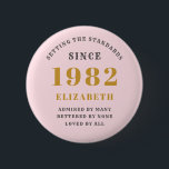 40th Birthday 1982 Elegant Gold Pink Grey 6 Cm Round Badge<br><div class="desc">A wonderful birthday gold design on button for that special celebration. Easily customise the text using the template provided. Part of the setting standards range of birthday supplies.</div>