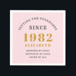40th Birthday 1982 Elegant Gold Pink Grey Napkin<br><div class="desc">A wonderful birthday gold design on paper party napkins for that special celebration. Easily customise the text using the template provided. Part of the setting standards range of birthday supplies.</div>