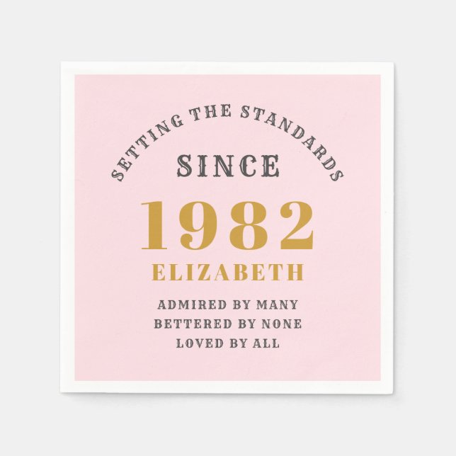 40th Birthday 1982 Elegant Gold Pink Grey Napkin (Front)