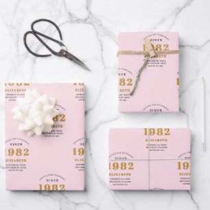 40th Birthday 1982 Elegant Gold pink Grey Wrapping Paper Sheet