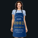 40th Birthday 1982 Elegant white Blue Gold Apron<br><div class="desc">A wonderful birthday gold design on an apron for that special celebration. Easily customise the text using the template provided. Part of the setting standards range of birthday supplies.</div>