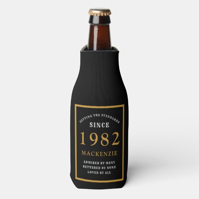 40th Birthday 1982 Name Elegant Chic Black Gold Bottle Cooler (Bottle Front)