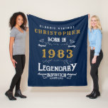 40th Birthday 1983 Add Name Legend Retro Blue Gold Fleece Blanket<br><div class="desc">Birthday vintage design "Original Quality Legendary Inspiration" fleece blanket. Add the name and year as desired in the template fields creating a unique birthday celebration item. Team this up with the matching gifts,  party accessories,  and clothing available in our store www.zazzle.com/store/thecelebrationstore</div>