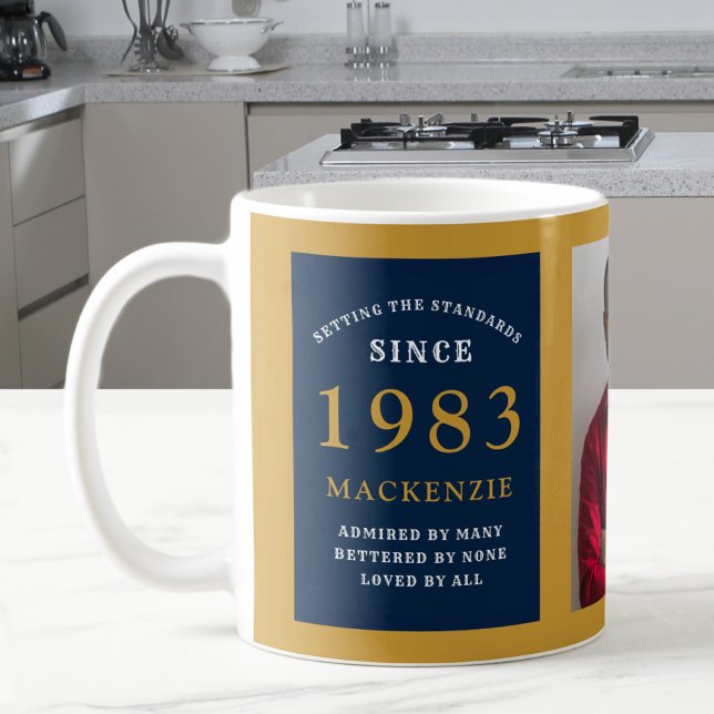 40th Birthday 1983 Blue Gold Add Name Photo Coffee Mug (Creator Uploaded)