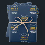 40th Birthday 1983 Blue Gold Add Name Wrapping Paper Sheet<br><div class="desc">A personalized wrapping paper design for that birthday celebration for a special person. Add the name to this vintage retro style blue and gold design for a custom birthday gift. Easily edit the name and year with the template provided. A wonderful custom birthday gift. More gifts and party supplies for...</div>