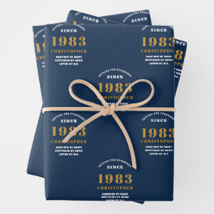 40th Birthday 1983 Blue Gold Add Name Wrapping Paper Sheet