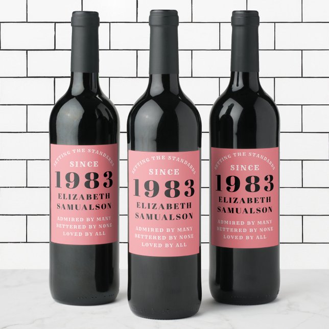 40th Birthday 1983 Pink Setting Standards Wine Label (Creator Uploaded)