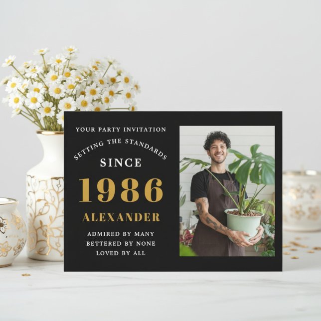 40th Birthday 1986 Black Gold Personalized Photo Invitation (1986 birthday invitation. Background flowers.)