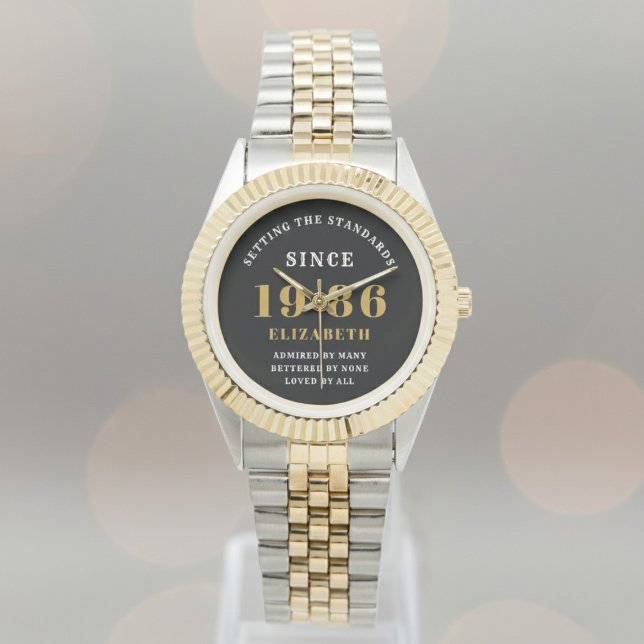 40th Birthday 1986 Elegant Black White Chic Watch (Born 1986 birthday watch. Background out of focus.)