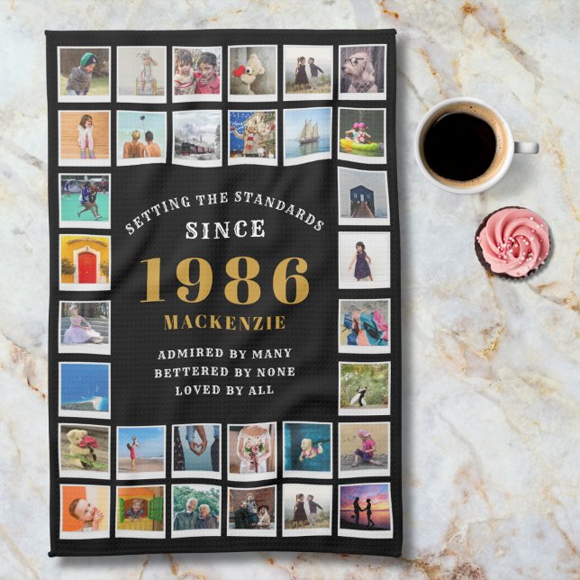 40th Birthday 1986 Family Memories Photo Collage  Tea Towel (1986 Kitchen towel. Marble background. )