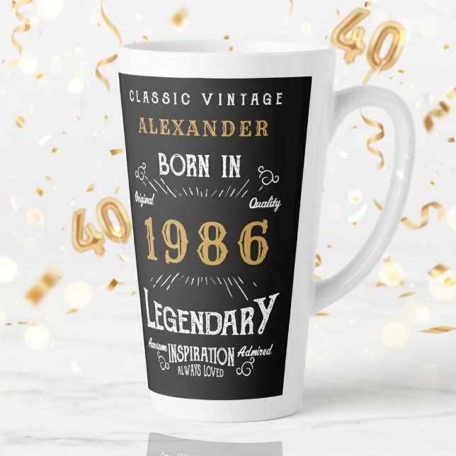40th Birthday 1986 Legendary Retro Latte Mug (1986 latte mug on a white and gold background)