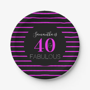 40th Birthday 40 Fabulous Neon Pink Stripe Paper Plate
