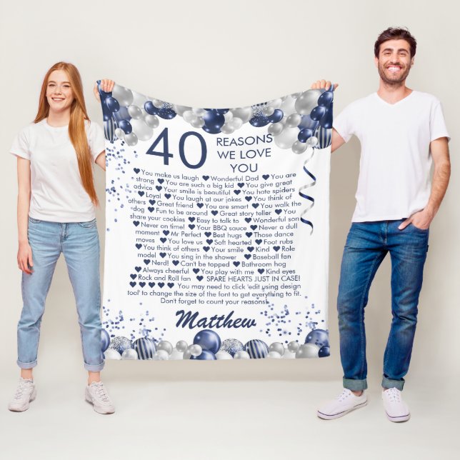 40th Birthday 40 Reasons We Love You Blue Fleece Blanket (In Situ)