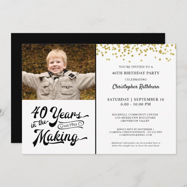 40th Birthday 40 YEARS IN THE MAKING Gold Confetti Invitation (Front/Back)