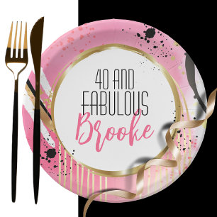 40th Birthday Abstract Pink Gold Black Retro Fun Paper Plate