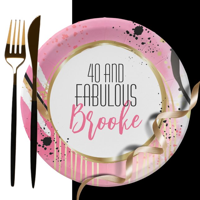 40th Birthday Abstract Pink Gold Black Retro Fun Paper Plate (Creator Uploaded)